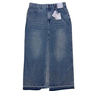 Happily Grey Denim Maxi Skirt Blue Wash Front Slit‎ Raw Hem Size 7 27